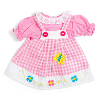 Bigjigs Toys Růžové kostkované šaty s laclem pro panenku 34 cm
