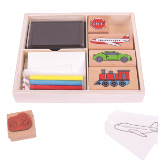 Bigjigs Toys Dřevěné razítka s pastelkami Dopravní prostředky